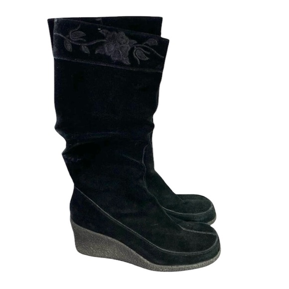 Soho Lab by Skechers Boots Womens 9 Y2K Black Suede Leather Knee High Wedge - Picture 1 of 12